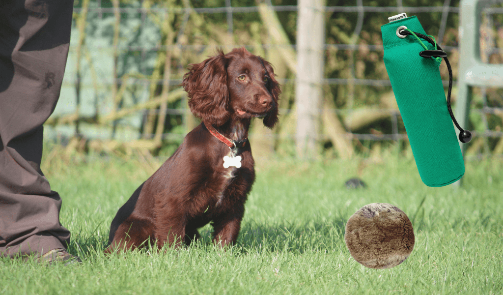 cocker spaniel with gundog training dummies